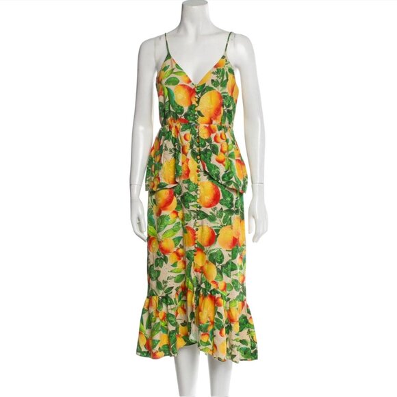 FARM RIO Orange Sands Citrus Print Midi Dress Orange Fruit Novelty Eyelet Linen - Picture 6 of 12